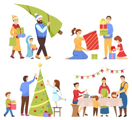 Christmas holidays vector, isolated characters preparing for New Year celebration. Family buying pine tree, man with kids decorating spruce. Father and mother with kid packing presents and cookingのイラスト素材