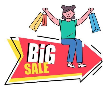 Big sale isolated banner vector. Female character happy of purchases on reduced price. Client holding bags and packages in hands. Design of pointer for shops directing on store and offers flat styleのイラスト素材