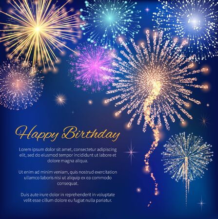 Happy Birthday poster decorated by fireworks symbols on blue glossy background. Postcard with template lettering and colorful sparkles. Congratulation festive card on B-day with salute vectorのイラスト素材