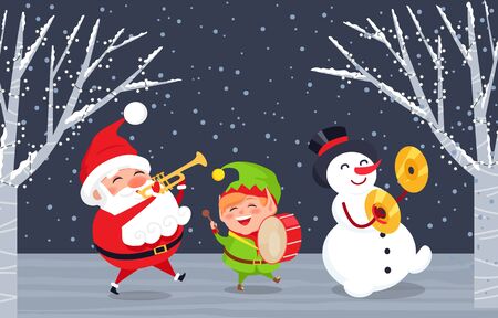 Xmas characters with musical instruments singing songs. Caroling of Santa Claus, elf and snowman. Trumpet and drums accompaniment. Winter landscape and snowy weather. Christmas time, vector in flatのイラスト素材