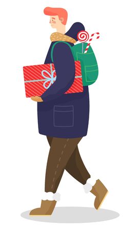 Male character wearing warm clothes and carrying presents in box. Isolated personage with gift decorated with ribbon and wrapping paper. Traditional xmas candy behind back of boy. Vector in flatのイラスト素材