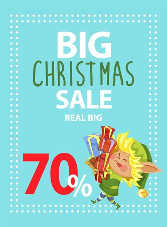 Real big christmas sale in markets to buy presents. Little elf carry lot of boxes with gifts for kids. Fairy character and designed caption on advertising poster. Vector illustration of promotionのイラスト素材