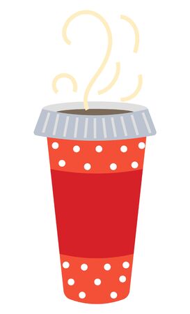 Coffee or hot tea poured in cup vector. Cappuccino in plastic cup with polka dot print. Warm beverage with steam. Isolated icon of traditional liquid at Christmas. Take out of mug. Vector in flatのイラスト素材