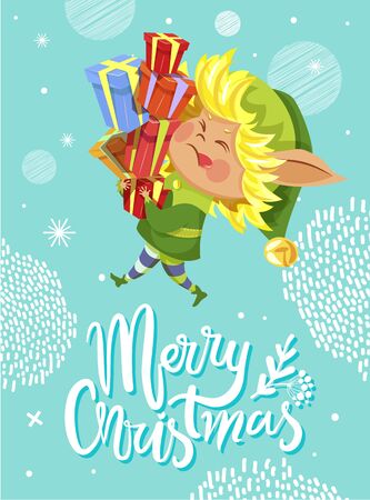 Merry christmas greeting card for winter holidays greeting. Elf carrying presents for celebration of new year. Calligraphic inscription and bokeh effect. Dwarf with boxes and ribbons, vectorのイラスト素材