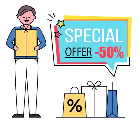 Guy holding vector carton box in hands. Special offer, 50 percent off price in stores. Shopping bags on ground, man buy products and gifts. Caption on blue label with advertising, minimalismのイラスト素材