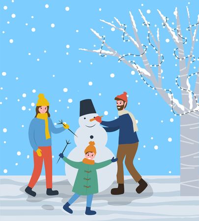 Mother and father sculpting snowman with carrot nose and branch arms. Happy family spending time outdoors together. Winter activities in forest or park. Vacation of kids and xmas holidays vectorのイラスト素材
