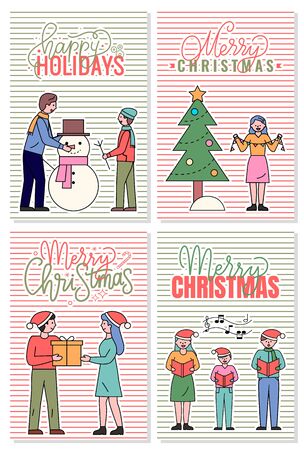 Four postcards that greeting with xmas. People having fun and greet each other with merry christmas. Vector captions with wishing happy winter holidays. Family making snowman and woman near fir treeのイラスト素材