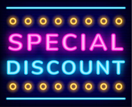 Special discount neon sign vector. Exclusive offer on cyber monday, shiny banner with glowing font and decor elements. Promo poster for store, shopping online. Web design for website promotionのイラスト素材
