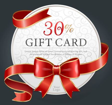 30 percent discount gift card on black background. Template of paper round voucher with text tied with red ribbons and bow. Present certificate for shopping. Vector illustration in flat styleのイラスト素材