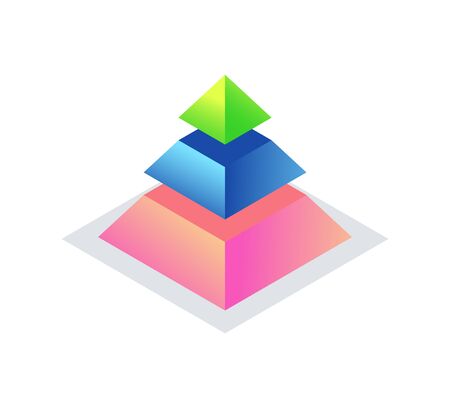 Pyramid of colored pieces on square, 3d triangle from stairs or parts, graphic symbol of business success, marketing process, geometric element vectorのイラスト素材
