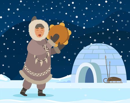 Eskimo man stand near shelter igloo. Indigenous north person in warm clothes like coat, gloves and boots. Arctic guy doing traditional rite with drum sound. Vector illustration, beautiful landscapeのイラスト素材