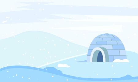 Igloo made from ice bricks by people. Housing for indigenous north families. Snow house or hut single located on ground. Beautiful landscape of circumpolar places. Vector illustration in flat styleのイラスト素材