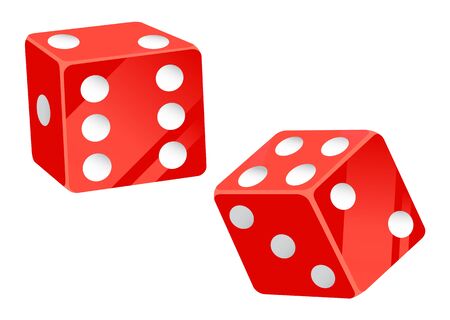 Casino gambling elements vector, isolated red dice with dots flat style. Tossing cubes to see result, betting and playing on money in gambler placeのイラスト素材