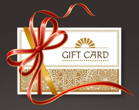 Gift card decorated by ribbon and big bow in red color. Festive postcard with text template and pattern white. Invitation icon or coupon with golden frame and elegant stripes on black. Present voucherのイラスト素材