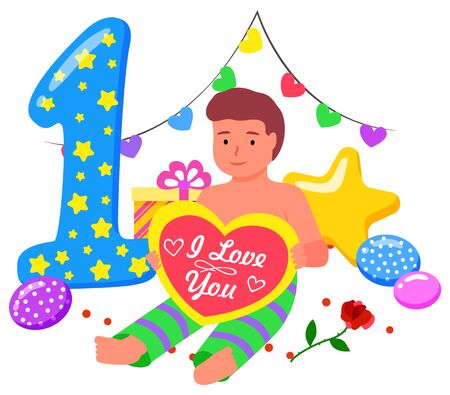 One year or first anniversary celebration. Little boy sitting holding heart-shaped greeting card. Birthday party decoration and accessories, presents and balloons for children vector illustrationのイラスト素材