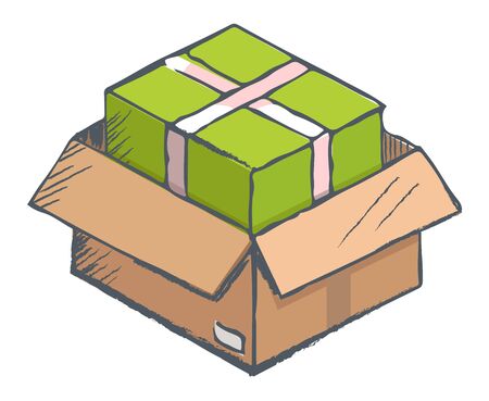Parcel with gift inside. Isolated icon of carton box with present decorated by white ribbon stripe. Holidays celebration and greeting with occasion. Shopping for birthday or anniversary vectorのイラスト素材