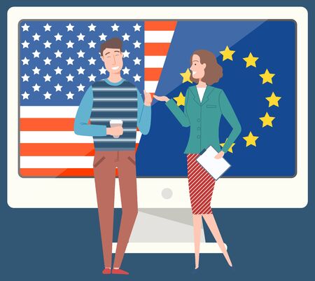 Business relations of strategic partners vector, usa and europe connection. Man and woman with document contract, talk of colleagues on coffee breakのイラスト素材