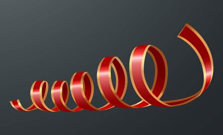 Curly ribbon isolated on black background. Red tape with golden border to decorate boxes with gifts. Sample of elegant strip for decoration on party celebration.のイラスト素材