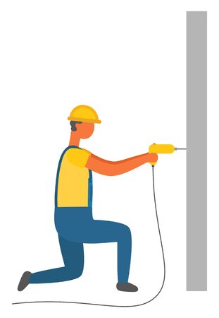 Repairing man vector, isolated character with drill and wall. Working male, wearing protective helmet handyman with special instrument, work toolのイラスト素材