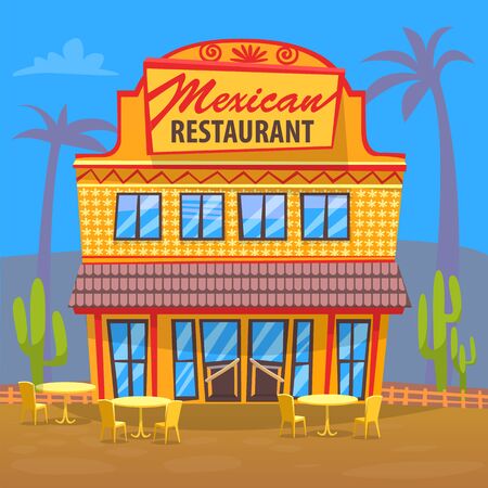 Mexican cuisine restaurant vector, exterior of eatery. House with signboard and entrance for clients. Palms and cactus desert environment, eating placeのイラスト素材