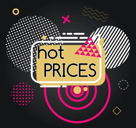 Shopping card with hot price tag and pattern on black color. Retail poster with special promotion icon and geometric symbols.のイラスト素材