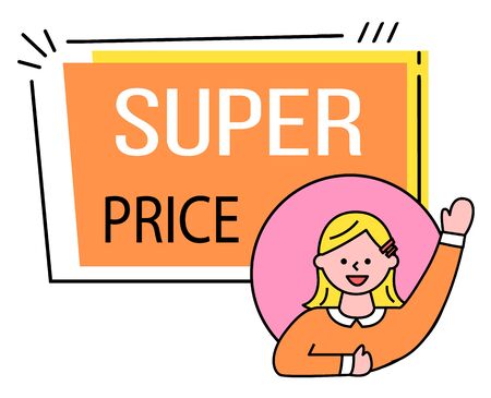 Super price on sale, happy woman on poster. Lady waving hand in circle bubble. Geometric outline label with advertising caption. Person near promotion tag. Vector illustration of advert in flat styleのイラスト素材