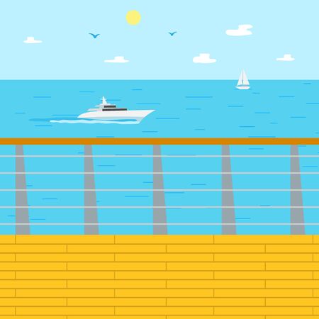 Vacation in summer, seascape vector blue sea water and ship. Sailboat and fair weather, marine view, beach and wooden pier for traveling touristsのイラスト素材