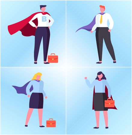 Hero man and woman with handbag, manager in superhero suit, portrait view of worker character, people in suit flat design style, winner human vectorのイラスト素材