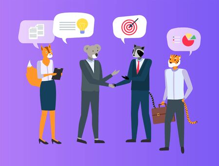 Hipster animals isolated on purple,meeting of business people character raccoon holding hand of koala, tiger and fox, discussing ideas and charts vectorのイラスト素材