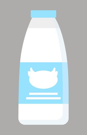 Milk in glass bottle, isolated dairy products. Container with emblem and info of beverage. Reservoir with organic beverage, natural and ecological food with vitamins and lactose. Vector in flatのイラスト素材