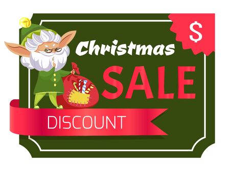 Christmas sale and best discount poster on winter holidays with elf cartoon character. Shopping tag with dollar symbol and funny gnome with bag. Xmas business promotion with festive hero vectorのイラスト素材