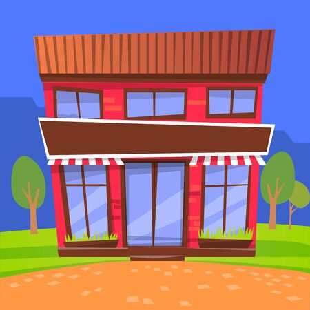 Facade of cafe with tent and windows. Two storey building located in city. Eatery or dinner, place to eat. Evening architecture of town. Night store surrounded by trees and greenery. Vector in flatのイラスト素材