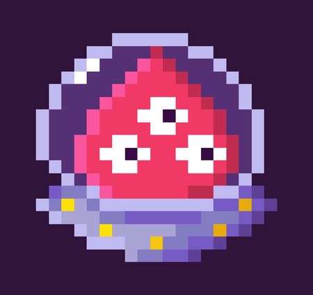 Pixelated character of 8 bit retro game vector, isolated alien sitting in spaceship, creature with...