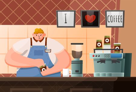 Barista character making coffee in coffeehouse. Cafeteria indoor view with machine equipment and waiter employee in apron doing mug beverage. Staff holding cup of java drink in restaurant vectorのイラスト素材