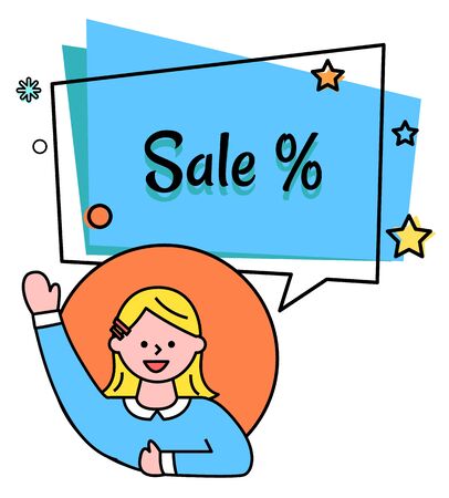 Woman waving hand in circle bubble. Big sale in stores, percent sign on label. Geometric lines, stars and dots on poster. Outline person near promotion caption. Vector illustration of advert in flatのイラスト素材