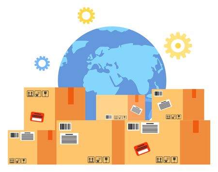 International business with China delivery cardboard box. Globe symbol and containers with stickers for worldwide shipping. Export or import logistic element planet and cargo object on white vectorのイラスト素材