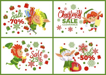 Christmas discounts, 70 percent sale. Promotional banners set with proposals from shops. Elves xmas character with gifts and presents for winter holidays. Old leprechaun with bag full of sweets vectorのイラスト素材