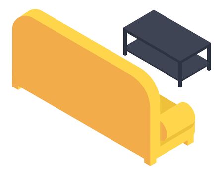 Home furniture, living room interior, couch and coffee table vector. Sofa with yellow upholstery and wooden floor shelves, house inner design elements. Soft seat back view and dwelling decorのイラスト素材