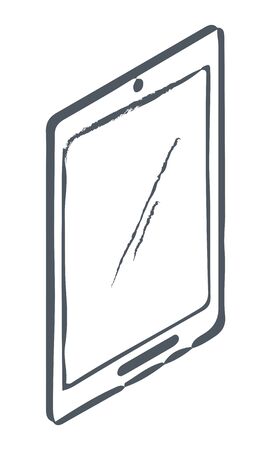 Tablet ecommerce sketch business technology for shopping online. Drawing touchscreen equipment for web searching and purchasing. Shape with lines of payment wireless device in black color vectorのイラスト素材