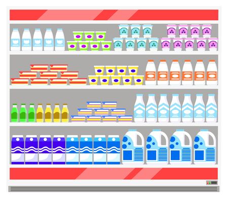 Stand with dairy products in supermarket. Grocery store with big cooler and fresh goods on it. Organic, natural food like milk and sour cream, yogurt and kefir. Vector illustration in flat styleのイラスト素材