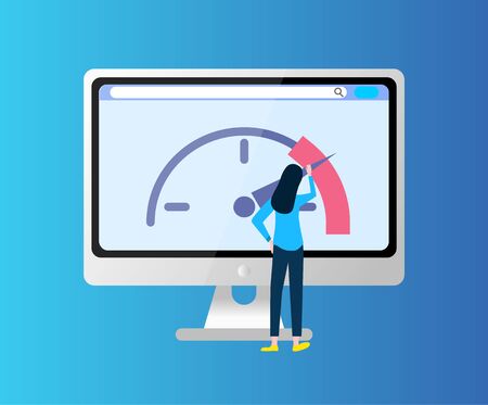 Cellular communications measuring device, screen of computer with circle speedometer, monitor with speedo, back view of woman, modern equipment vectorのイラスト素材