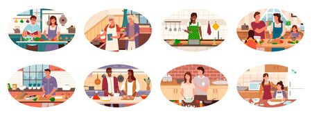 Collection of people cooking in kitchen of homes. Couples and family, granny and granddaughter making soup. Pair preparing dishes, man helping woman cook. Healthy lifestyles and dietary eating vectorのイラスト素材