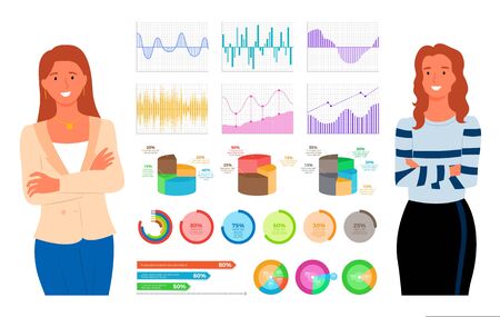 Teamwork of females vector, entrepreneurs with infocharts and analyzed data in visual format, smiling women wearing formal clothes, lady secretaryのイラスト素材