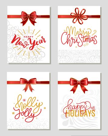 Set of decorative gift cards for Christmas and new year celebration. Creative postcards templates with calligraphic inscriptions and ribbon bows. Winter holidays greeting. Celebrating xmas eve vectorのイラスト素材