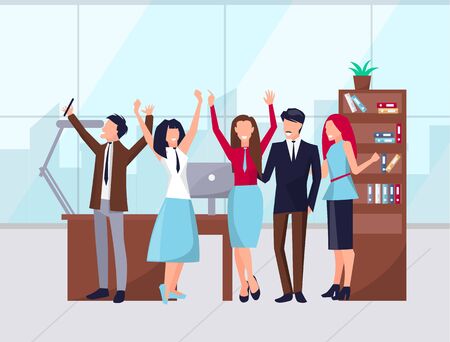 Successful team celebrating achievements vector, happy employees taking selfie. Success of teamwork. office workplace with books and laptop deviceのイラスト素材