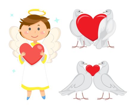 Angelic child vector, male wearing long robe holding heart in hands. Valentines day celebration and greeting. Doves in love, birds purity and devotionのイラスト素材