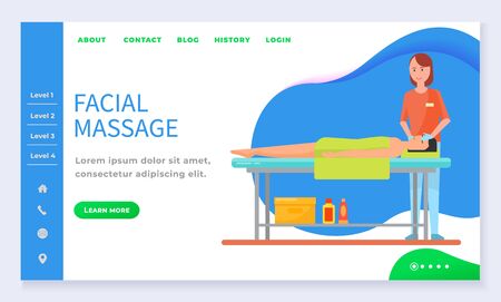 Facial massage therapy and care by masseuse. Man lying with towel on table in salon. Professional skincare on face for relaxing person in spa. Webpage or app slider with level links template vectorのイラスト素材