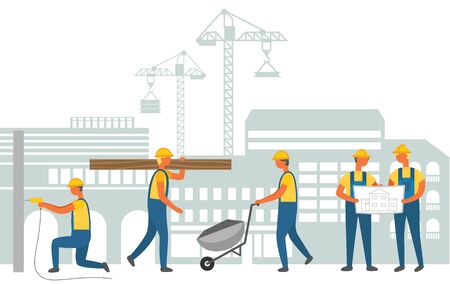 Working people construction of new buildings vector, team of workers. Cityscape and machinery, male with bulk carriage and plan written on paper engineerのイラスト素材