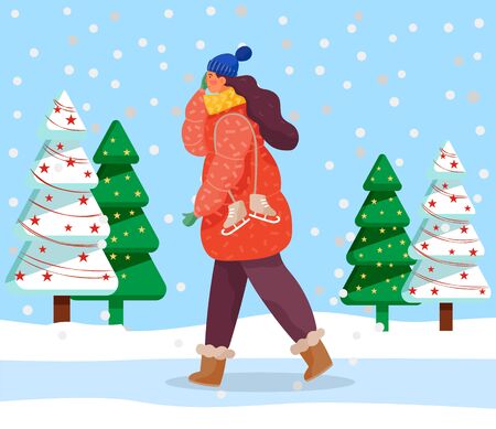 Lady walk in snowy forest alone. Woman dressed in warm clothes like hat and overcoat. Person carry footwear for skating. Beautiful landscape with decorated spruces. Vector illustration in flat styleのイラスト素材