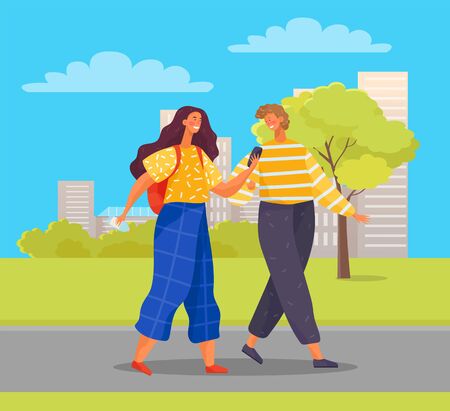 Man and woman on weekends in new city. Female character using smartphone to find right way. Friends walking in town park enjoying fair weather and greenery of nature. Vector in flat styleのイラスト素材